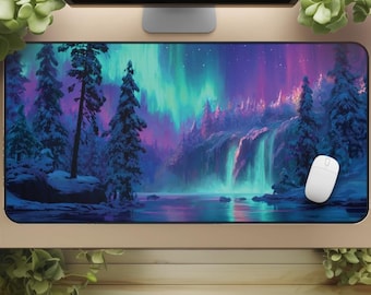 Northern Lights Desk Mat – Winter Waterfall Aurora Borealis Sky