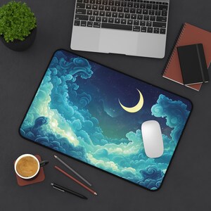 Large gaming desk mat - Moon, Clouds and Stars - Cloudscape for Cosy Night Gaming image 6