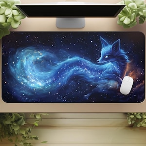 Celestial Fox Desk Mat: Cosmic Galaxy Streaming Setup