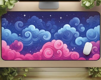 Pink and Blue Desk Mat: Night Sky Clouds Mouse Pad for Cozy Gaming Decor