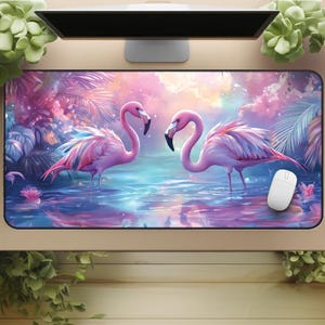 May include: A rectangular desk mat featuring a vibrant illustration of two pink flamingos in a tropical setting. The background includes water, lush foliage, and a colorful sky. A white computer mouse is visible on the mat.