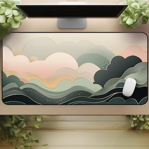 Large gaming desk mat - Pastel Cloud Landscape Desk Pad for Streaming Setup - Cosy Vibes
