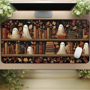 Halloween Desk Mat: Spooky Ghosts, Autumn Bookshelf - Cozy Gaming & Streaming