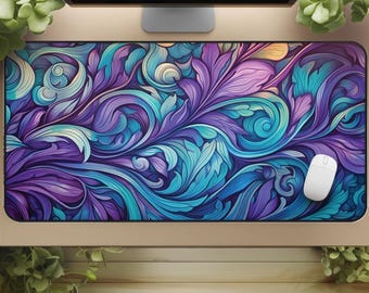 Floral Desk Mat: Purple, Teal, and Gold Art Nouveau Swirls
