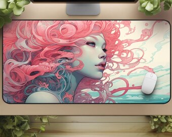 Alfombrilla de escritorio de sirena: Alfombrilla de ratón para juegos color verde mar y rosa océano
