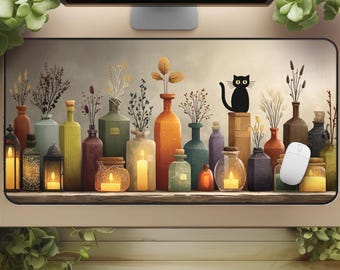 Alfombrilla de escritorio con diseño de frascos de pociones - Alfombrilla de ratón con gato negro de bruja, decoración mágica para escritorio a la luz de las velas