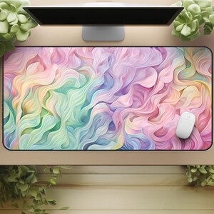 Pastel Rainbow Swirl Gaming Desk Mat: Cosy Streaming Setup