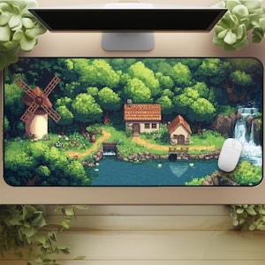 Large gaming desk mat - Pixel Cottagecore Pond Scene with Cozy Forest and Windmill