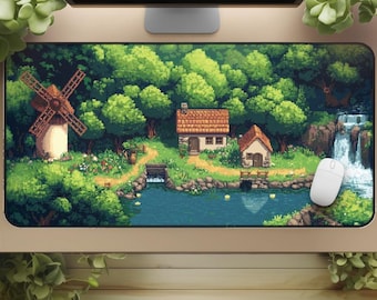 Pixel desk mat - Cottagecore Pond Scene with Cozy Forest and Windmill, Pixelated design