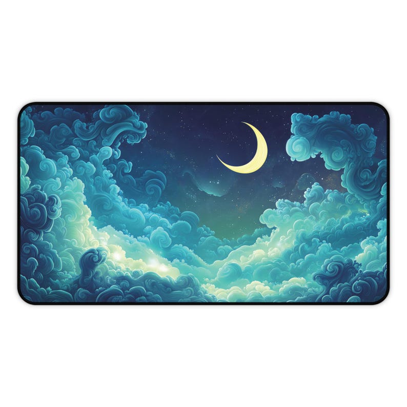Large gaming desk mat - Moon, Clouds and Stars - Cloudscape for Cosy Night Gaming image 3