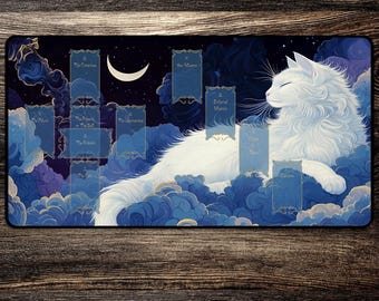Customizable Tarot Reading Mat - Celestial White Cat Under Crescent Moon, Altar Cloth