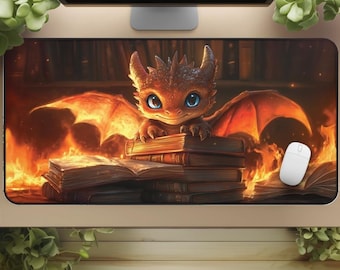 Fire Dragon Desk Mat: Cozy Booktok Library, Fantasy Gamer Decor