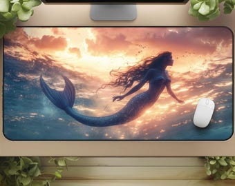 Alfombrilla de escritorio de sirena: Alfombrilla de ratón para juegos con temática oceánica fantástica, decoración de sirena, escritorio para chicas