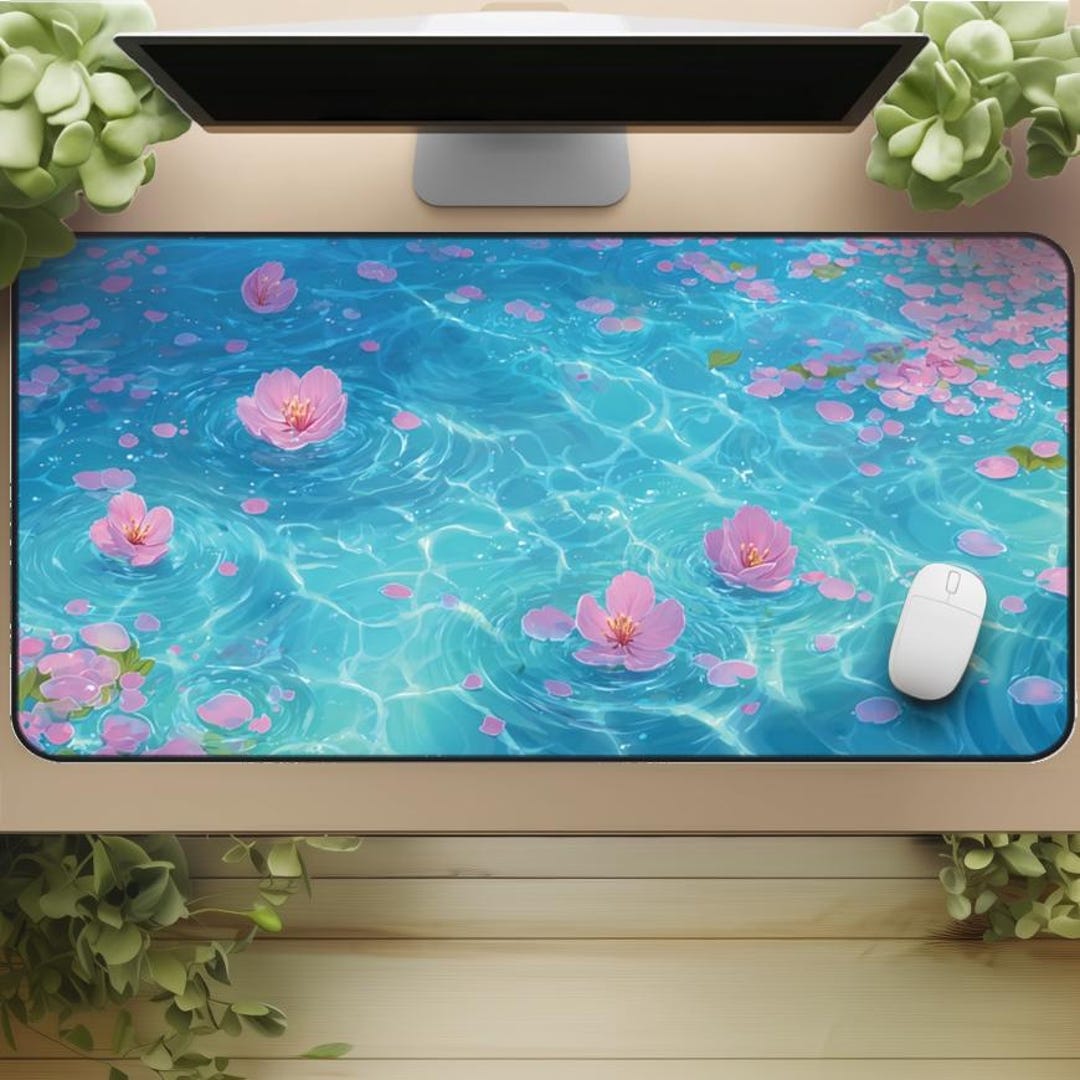 Sakura Desk Mat - Floating Cherry Blossoms on Blue Water - Calm