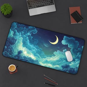 Large gaming desk mat - Moon, Clouds and Stars - Cloudscape for Cosy Night Gaming image 5