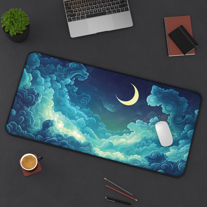 Large gaming desk mat - Moon, Clouds and Stars - Cloudscape for Cosy Night Gaming image 5