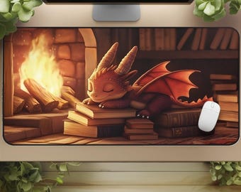 Fantasy Desk Mat - Dragon Library Mouse Pad with Books, Booktok Deskmat, Cozy Academia Decor for Fantasytok
