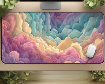Pastel Cloud Desk Mat: Abstract Rainbow Swirls - Gaming & Office