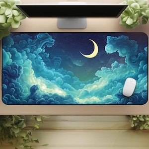 Large gaming desk mat - Moon, Clouds and Stars - Cloudscape for Cosy Night Gaming image 1