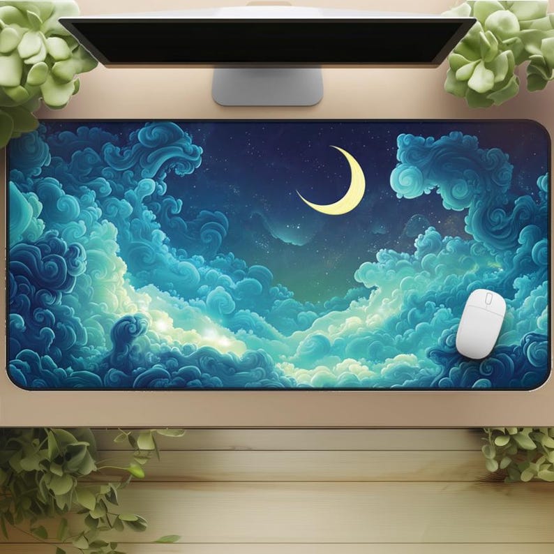 Large gaming desk mat - Moon, Clouds and Stars - Cloudscape for Cosy Night Gaming image 1