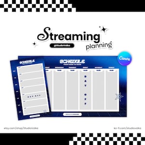 Peut inclure: Un modèle de planification de streaming bleu et blanc avec le texte "Streaming planning" et "Schedule". Le modèle comprend une mise en page d'horaire hebdomadaire avec des créneaux horaires et une section de jour de repos. L'URL de la boutique Etsy est visible.