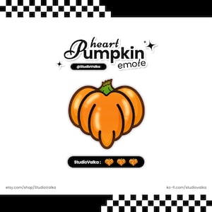 Peut inclure: Graphique numérique d'une citrouille orange en forme de cœur avec une tige verte. Le texte "heart Pumpkin emote" est au-dessus de la citrouille, avec le nom de la boutique, "StudioValka", et des liens vers les réseaux sociaux. Le fond est blanc avec des bordures à carreaux noirs et blancs.