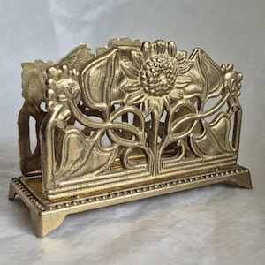 Portacartas vintage de latón con diseño de girasoles y hojas en estilo Art Nouveau - 13,5 cm de ancho