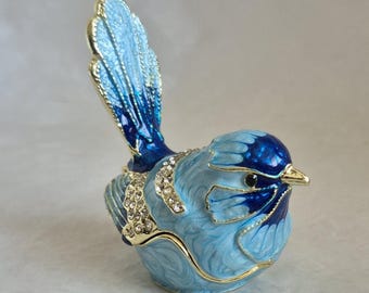 Unusual blue and gold enamel bluebird trinket box, embellished with diamanté stones - 5.5cm tall