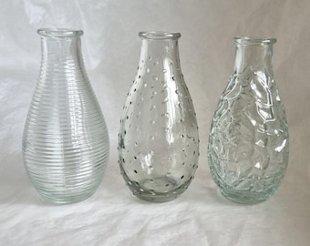Attractive set of 3 vintage small clear textured glass vases / bottles / ornaments - 13.5cm tall