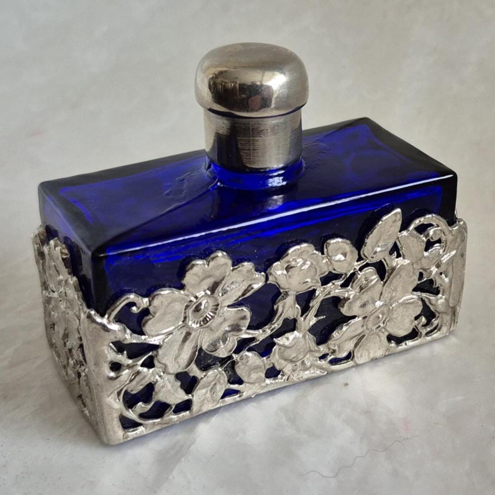 Vintage Rectangular Blue Glass Ornamental Perfume Bottle Encased in an ...