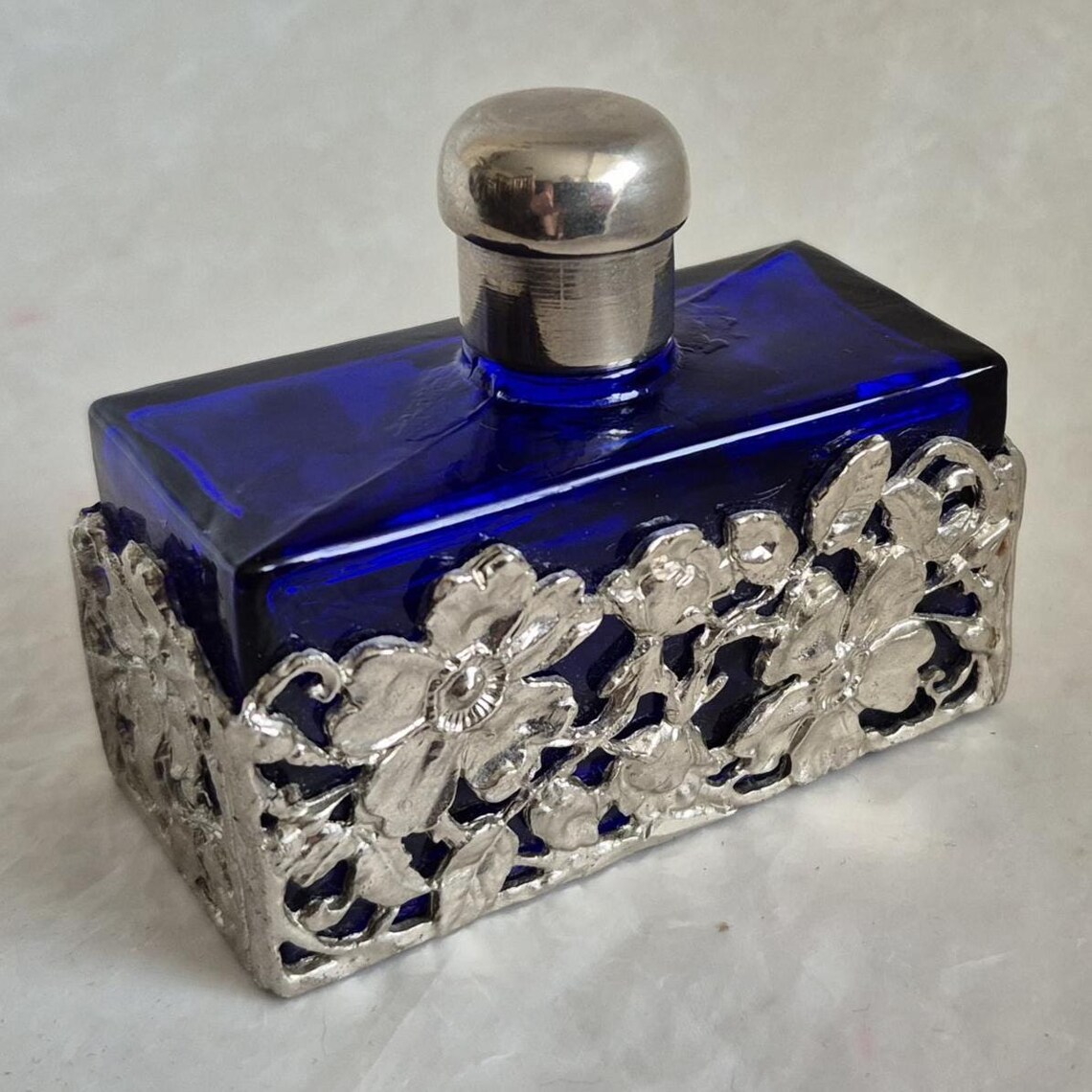 Vintage Rectangular Blue Glass Ornamental Perfume Bottle Encased in an ...