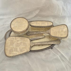 Vintage 6 piece silver vanity set, embellished with an attractive gold and beige geometric design; tray, mirror, two brushes, pot and comb