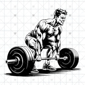 Puede incluir: Una ilustración gráfica en blanco y negro de una persona musculosa realizando un peso muerto con una barra pesada. La figura se muestra en una postura inclinada, agarrando la barra con ambas manos, con musculatura definida y expresión intensa.