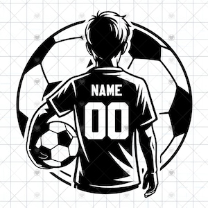 Puede incluir: Una ilustración gráfica en blanco y negro de un jugador de fútbol visto desde atrás, con una camiseta con el texto NAME y el número 00. El jugador sostiene un balón de fútbol frente a un gran diseño circular de fondo de un balón.