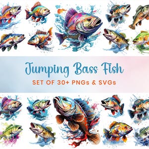 Watercolor Jumping Bass Fish Collection Clipart, 30 Fishing Sublimation PNG, Funny Bass Fish,Fish Collection PNG, Fish Clipart Bundle