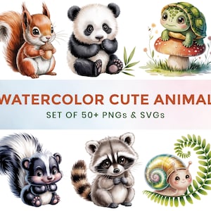 50+ Watercolor Cute Animal PNG SVG Clipart Bundle, Baby Animal Nursery Art Set, Forest Woodland and Safari Animals Illustrations