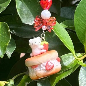 Strawberry Shortcake Bear Clay Charm | Handmade Polymer Clay Charm Keychain