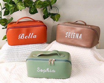 Bolsa de maquillaje bordada personalizada, bolsa de maquillaje grande de cuero personalizada, bolsa de maquillaje para dama de honor, organizador de viaje, regalo para despedida de soltera