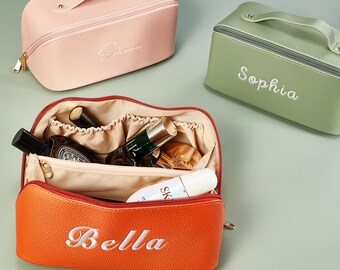 Custom Embroidered Leather Makeup Bag，Bridesmaid Makeup Bag, Large Capacity Cosmetic Bag, Gift for Girlfriend,Travel Organizer