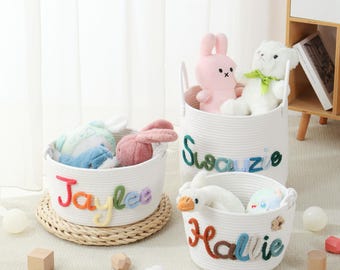 Personalized Handmade Baby Basket ，Monogrammed Woven Basket,Baby Shower Gift，Nursery Gift， Christmas Gift，Toy Organizer