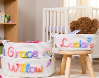 Cesta personalizada con nombre de bebé, cesta hecha a mano personalizada, regalo para bebé, regalo para baby shower, cesta de regalo de cuerda de algodón, cesta de almacenamiento, organizador de juguetes
