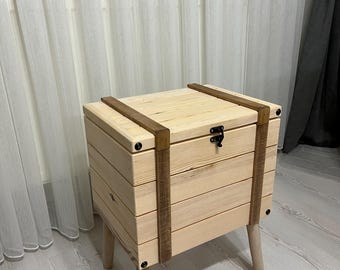 Handmade Wooden Storage Nightstand - Natural Wood, 8-inch Legs, Storage Chest Nightstand, Modern Minimalist Design, Rustic Bedroom Decor