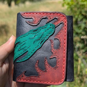 Dragon Flames Natural Leather Black Textured Wallet Trifold Gift For Women Men Magical Handmade Unique Design Green Dragon Red Fire