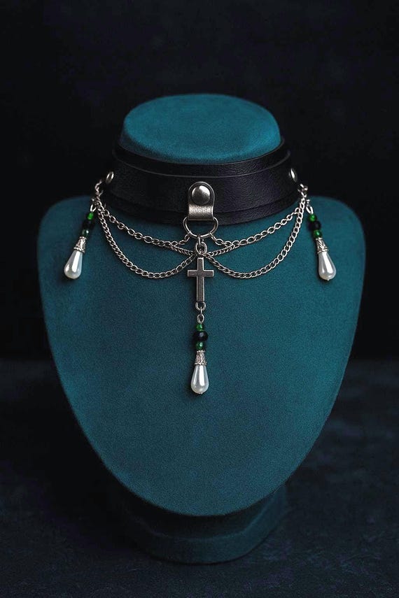 Handmade Leather Cross Choker, Green Crystals & Pearl Pendant - Etsy