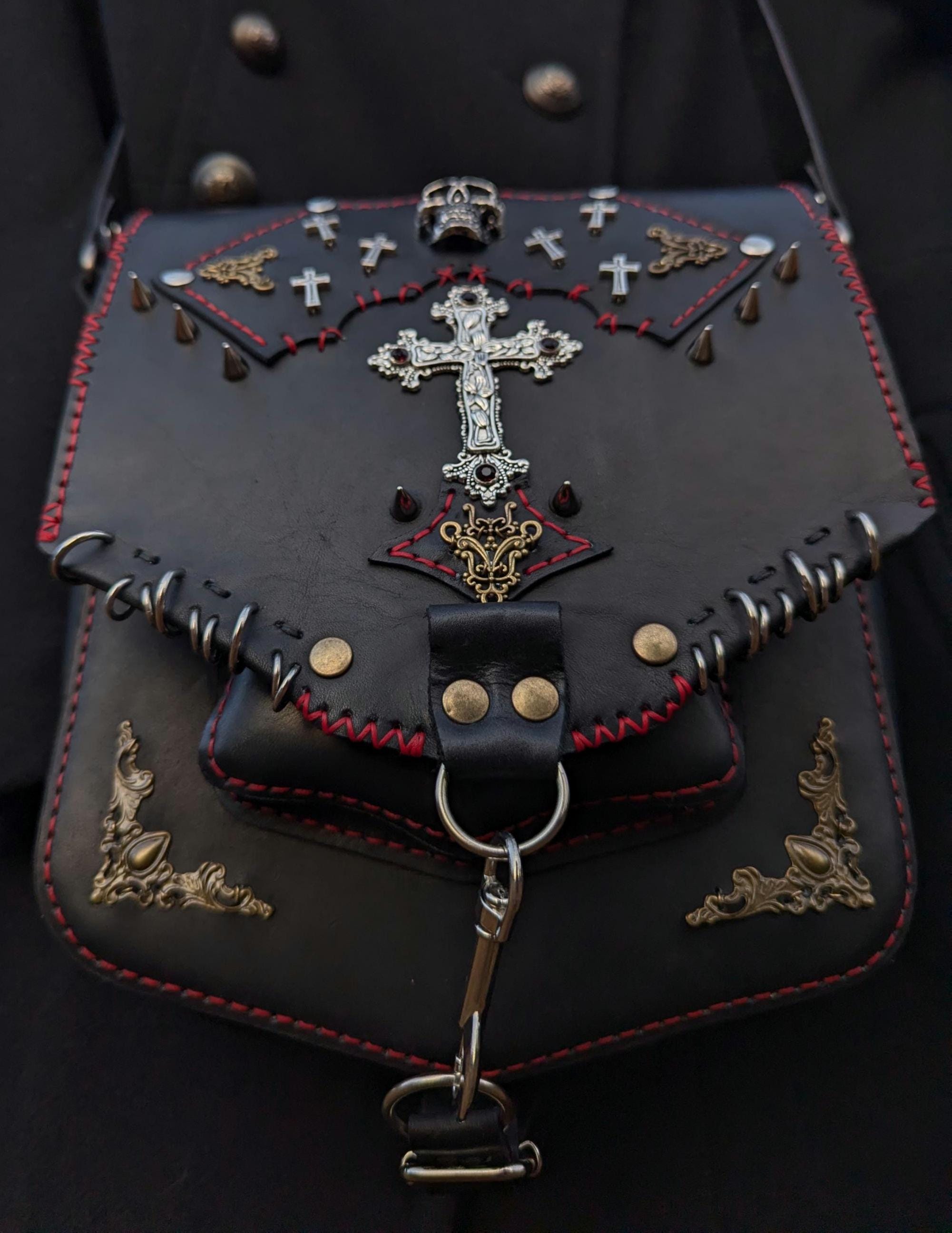 Handmade Gothic Messenger Bag With Cross Skull Fantasy Leather