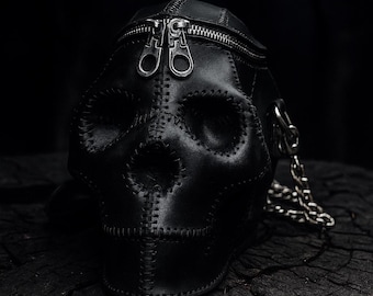 Handmade Leather Skull Bag: Goth Decor with Red Velvet Pocket 3D
