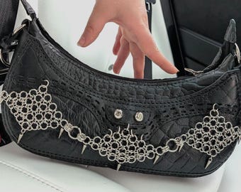 Black Leather Shoulder Bag with Spikes and Chainmail – Y2K Goth Style