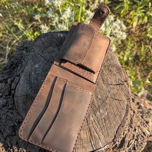 Carteira de couro dobrável feita à mão Crazy Horse Slim Carteira para homens Presente rústico para ele Porta-cartões minimalista Tbilisi Leathercraft Snap Lock