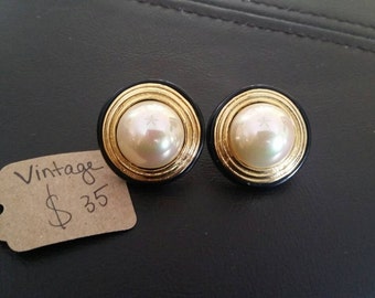 Vintage black, gold, and pearl pierced earrings