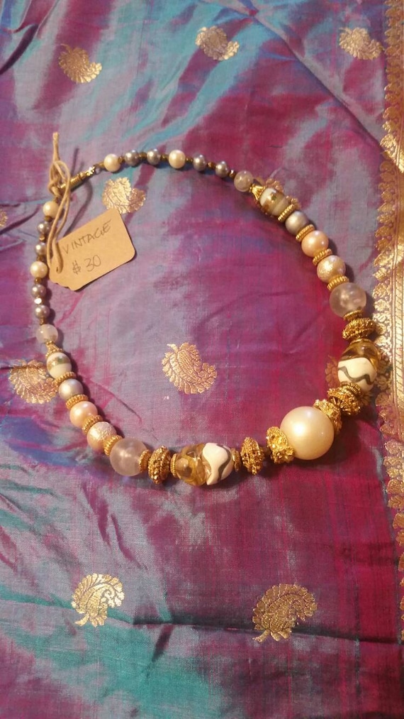 Vintage Beaded ivory and gold NECKLACE